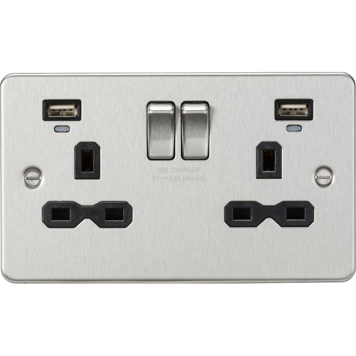 Knightsbridge FPR9904NBC 13A 2G Switched Socket, Dual USB (2.4A) with LED Charge Indicators Brushed Chrome w/Black Insert