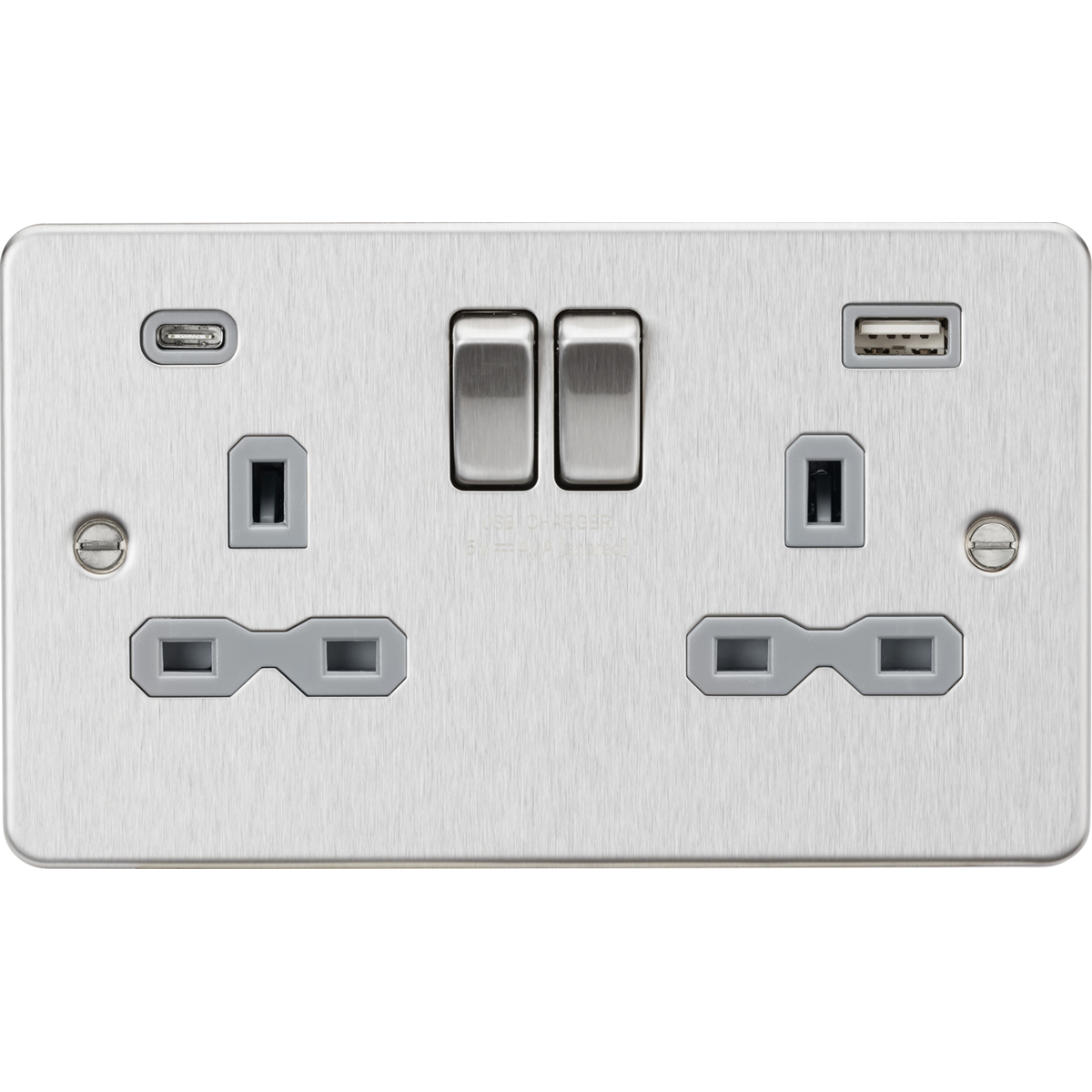 Knightsbridge FPR9940BCG 13A 2G SP Switched Socket with Dual USB A+C (5V DC 4.0A shared) Brushed Chrome with Grey Insert