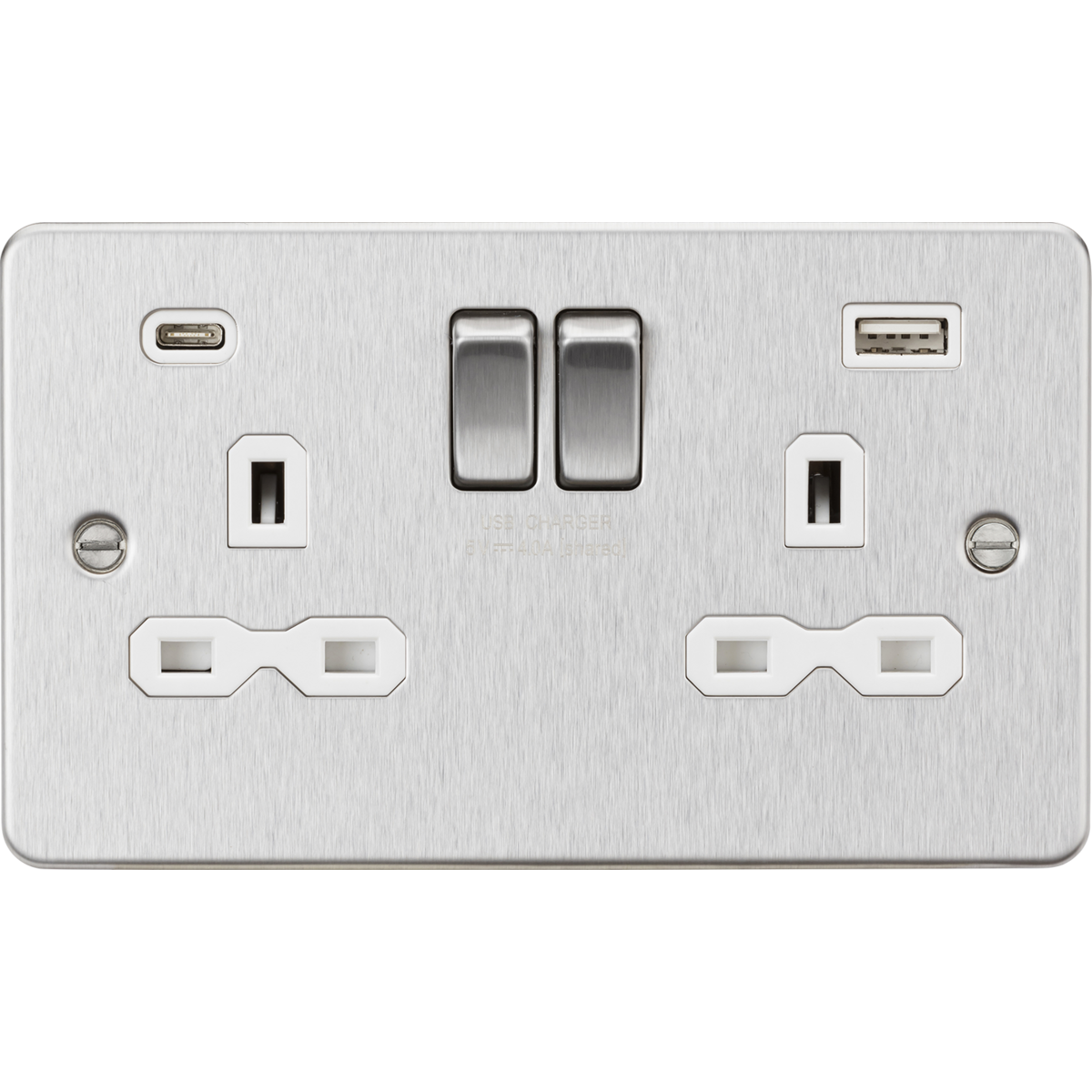 Knightsbridge FPR9940BCW 13A 2G SP Switched Socket with Dual USB A+C (5V DC 4.0A shared) Brushed Chrome with White Insert