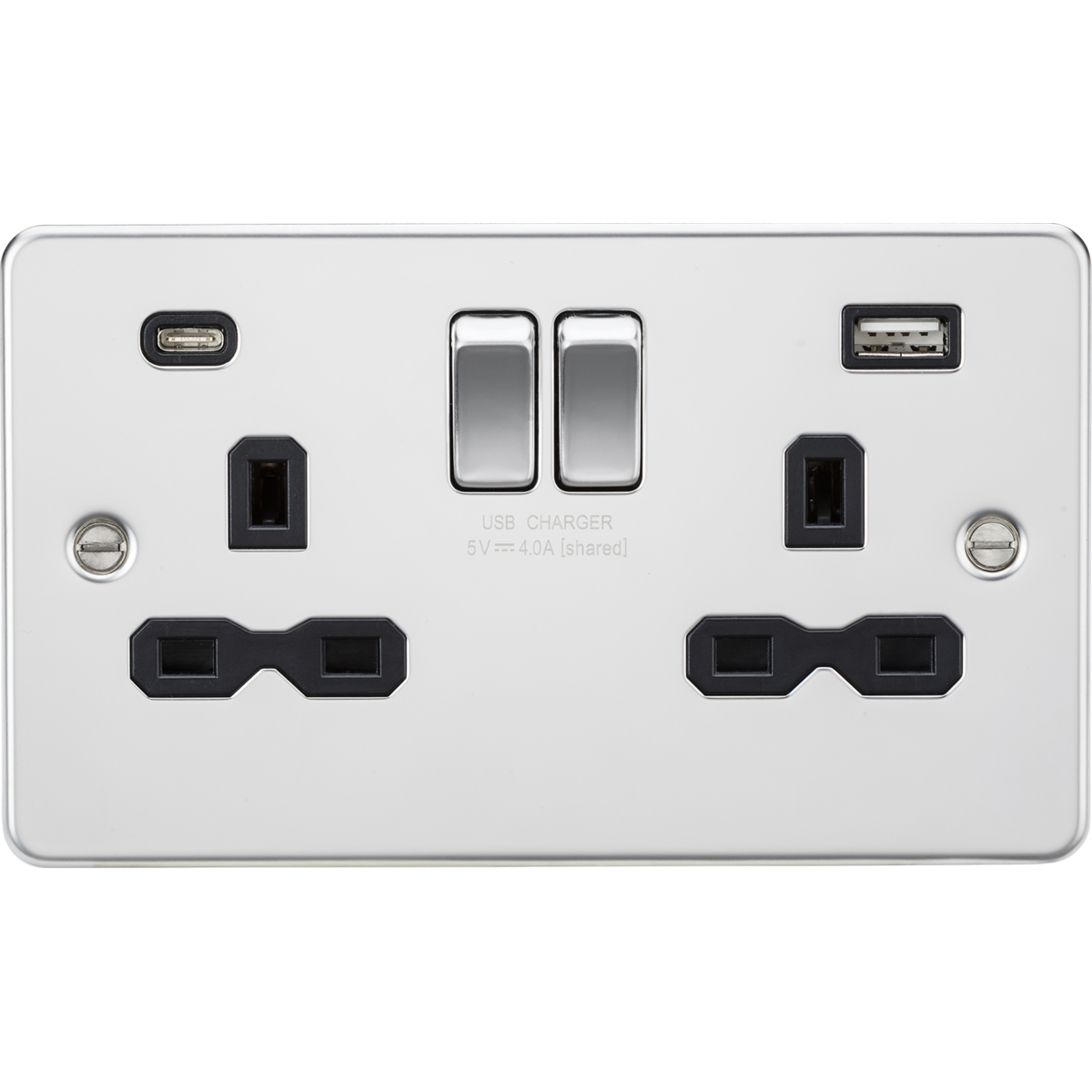 Knightsbridge FPR9940PC 13A 2G SP Switched Socket with Dual USB A+C (5V DC 4.0A shared) Polished Chrome with Black Insert
