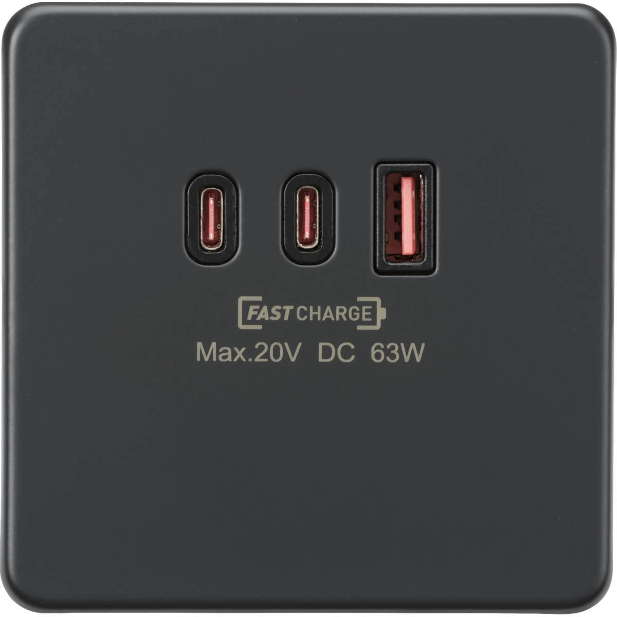 Knightsbridge SF63WAT 230V Triple USB Charger Plate 2xUSB-C 1xUSB-A [20V DC Max. 63W] Anthracite