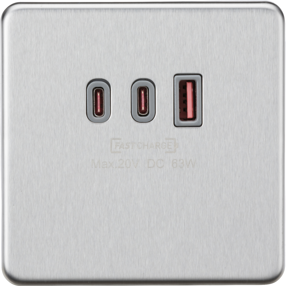 Knightsbridge SF63WBCG 230V Triple USB Charger Plate 2xUSB-C 1xUSB-A [20V DC Max. 63W] Brushed Chrome with grey insert