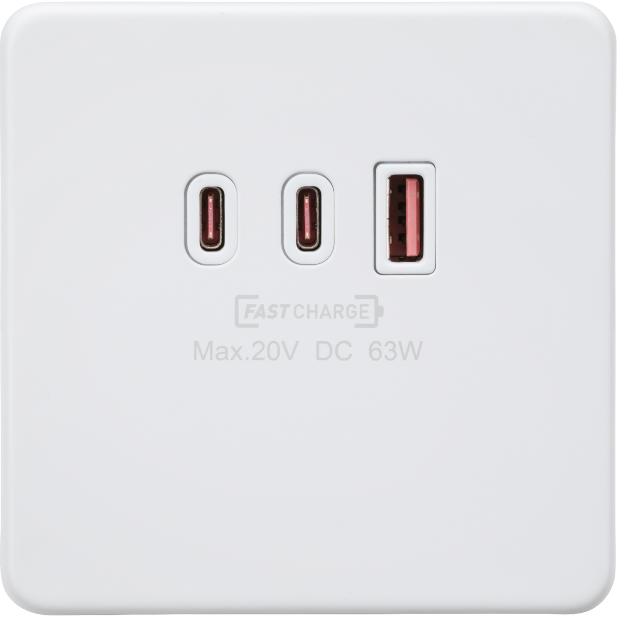 Knightsbridge SF63WMW 230V Triple USB Charger Plate 2xUSB-C 1xUSB-A [20V DC Max. 63W] Matt White