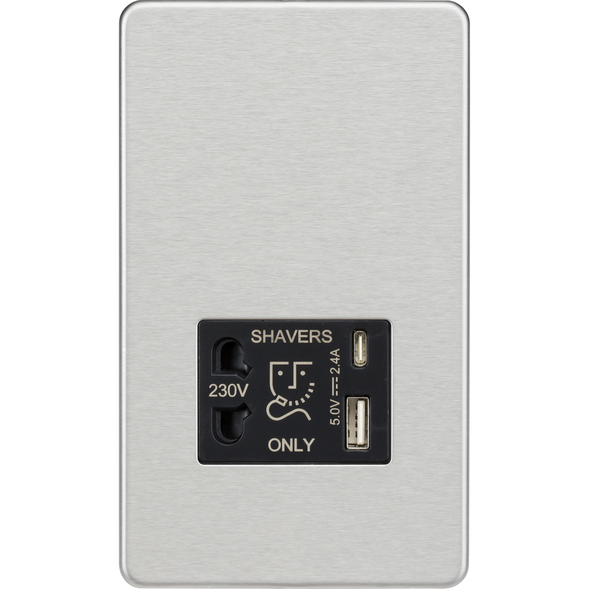 Knightsbridge SF8909BC 230V Shaver Socket with Dual USB A+C [5V DC 2.4A shared] Brushed Chrome with Black Insert