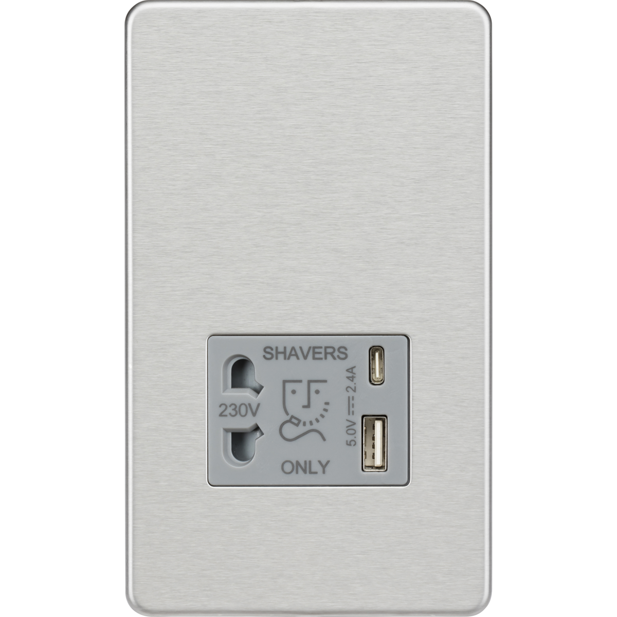 Knightsbridge SF8909BCG 230V Shaver Socket with Dual USB A+C [5V DC 2.4A shared] Brushed Chrome with Grey Insert