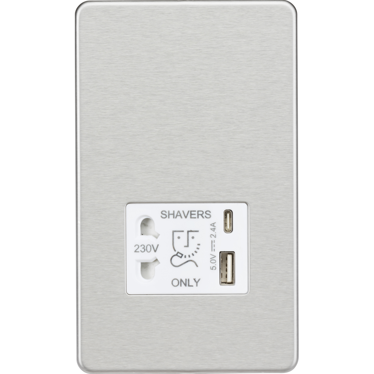Knightsbridge SF8909BCW 230V Shaver Socket with Dual USB A+C [5V DC 2.4A shared] Brushed Chrome with White Insert