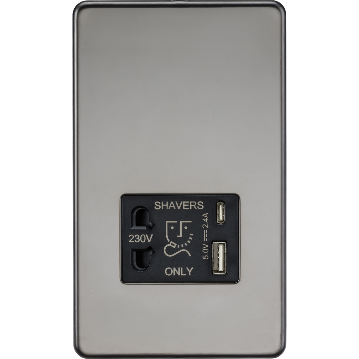 Knightsbridge SF8909BN 230V Shaver Socket with Dual USB A+C [5V DC 2.4A shared] Black Nickel with Black Insert