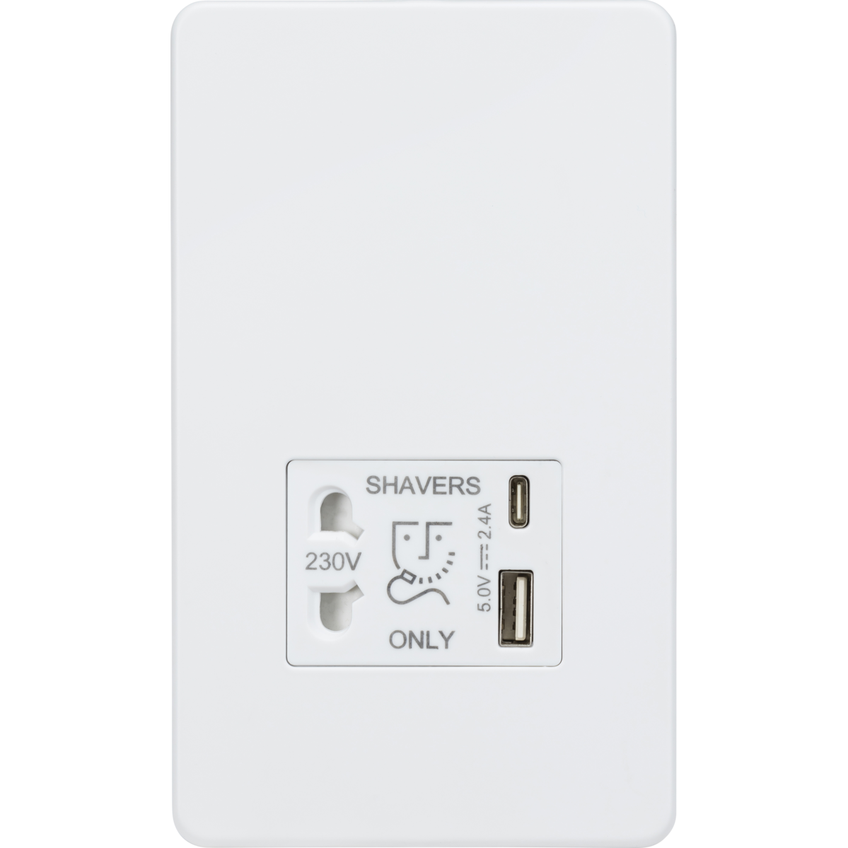 Knightsbridge SF8909MW 230V Shaver Socket with Dual USB A+C [5V DC 2.4A shared] Matt White with White Insert