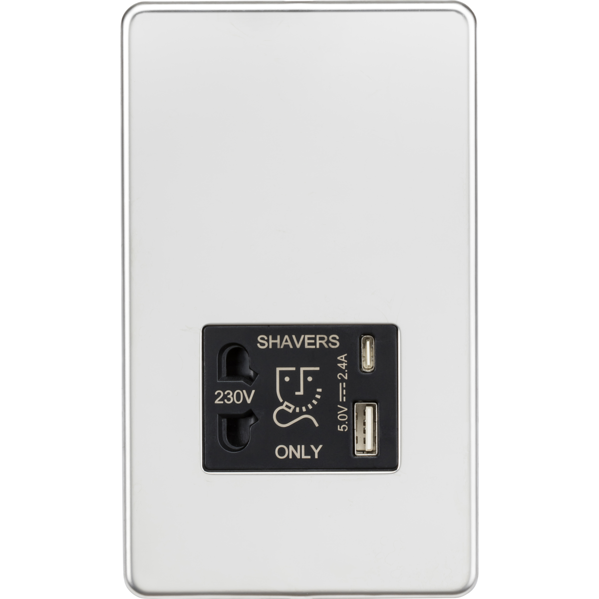 Knightsbridge SF8909PC 230V Shaver Socket with Dual USB A+C [5V DC 2.4A shared] Polished Chrome with Black Insert