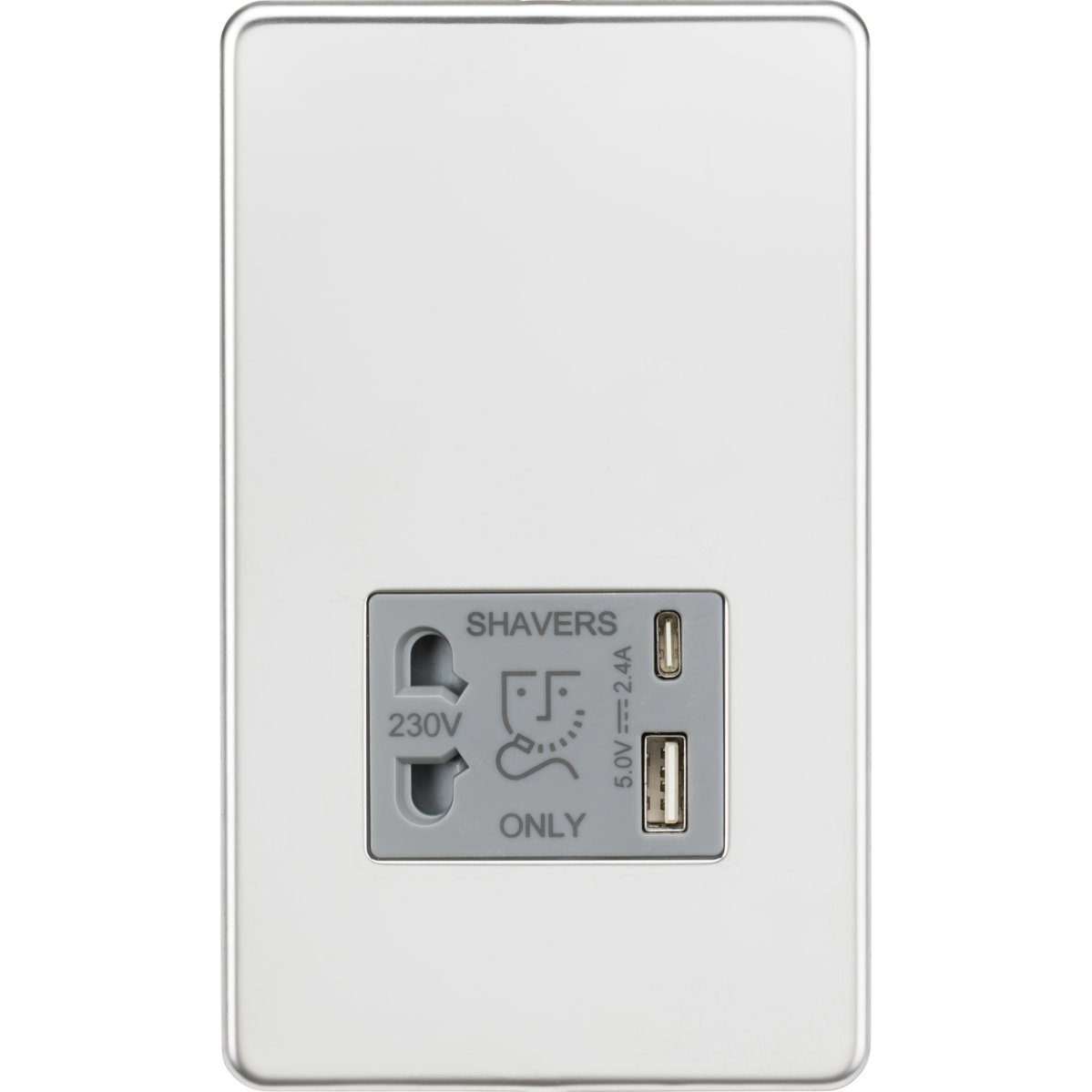Knightsbridge SF8909PCG 230V Shaver Socket with Dual USB A+C [5V DC 2.4A shared] Polished Chrome with Grey Insert