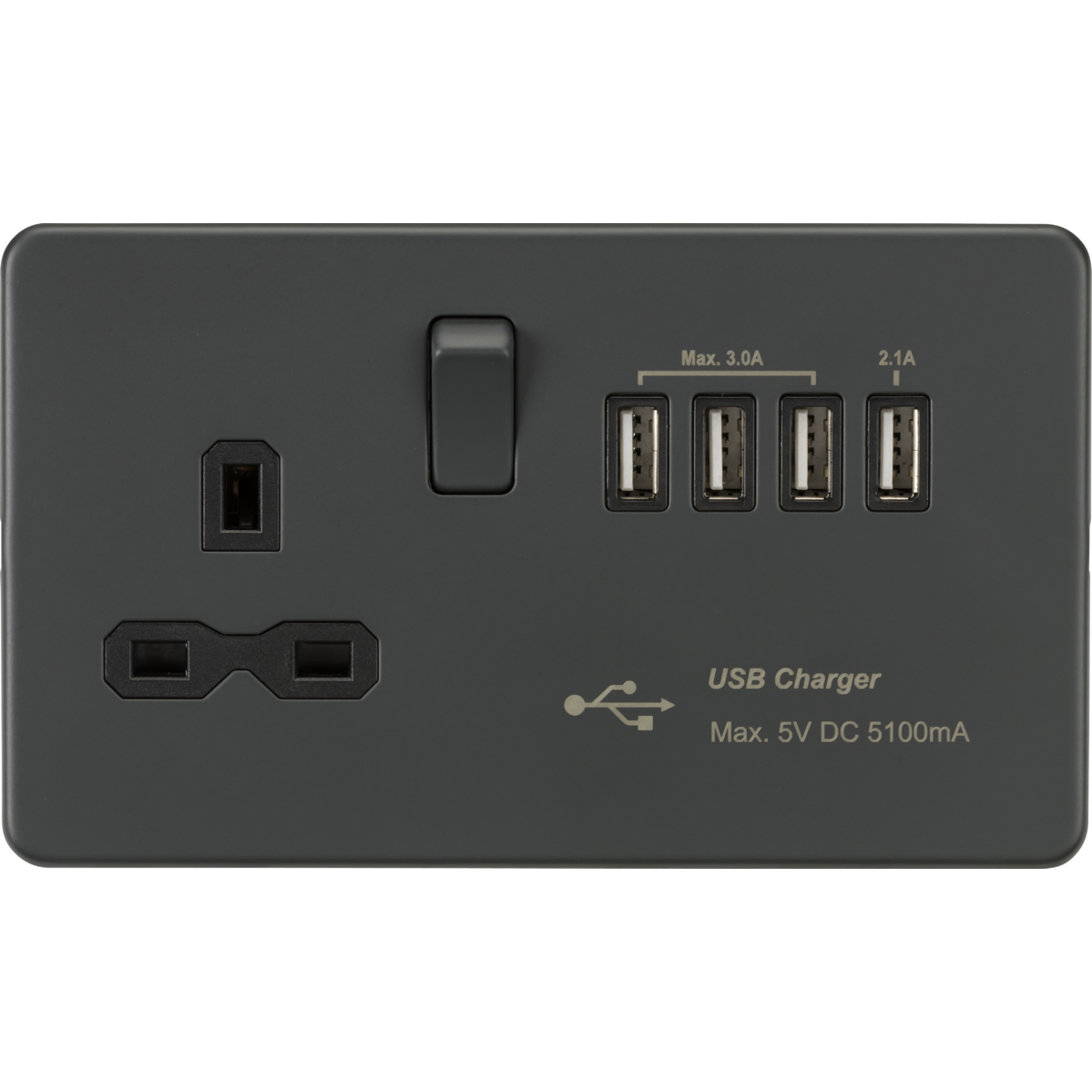 Knightsbridge SFR7USB4AT 13A Switched Socket with Quad USB-A (5V DC 5.1A shared) Anthracite with Black Insert