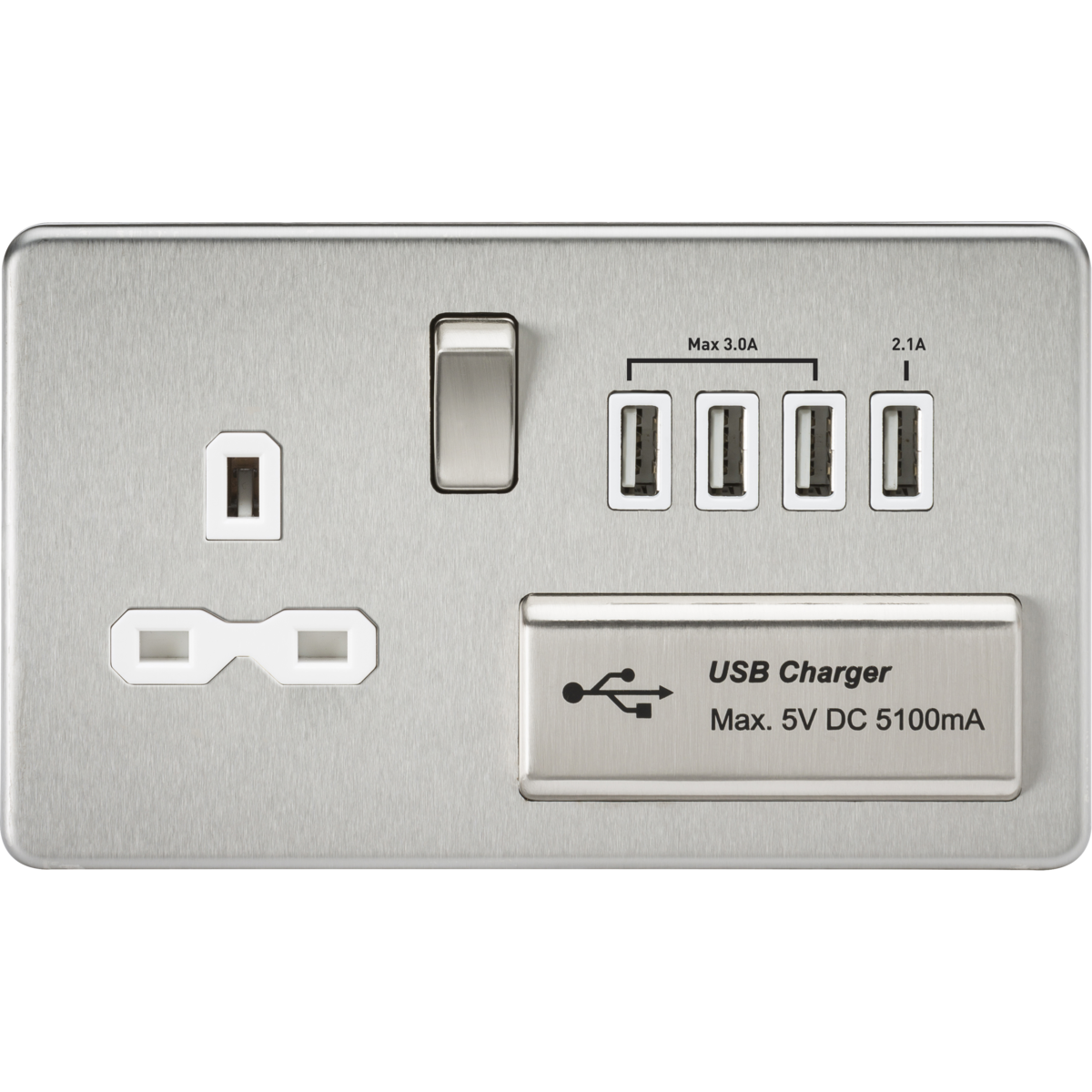 Knightsbridge SFR7USB4BCW 13A Switched Socket with Quad USB-A (5V DC 5.1A shared) Brushed Chrome with White Insert