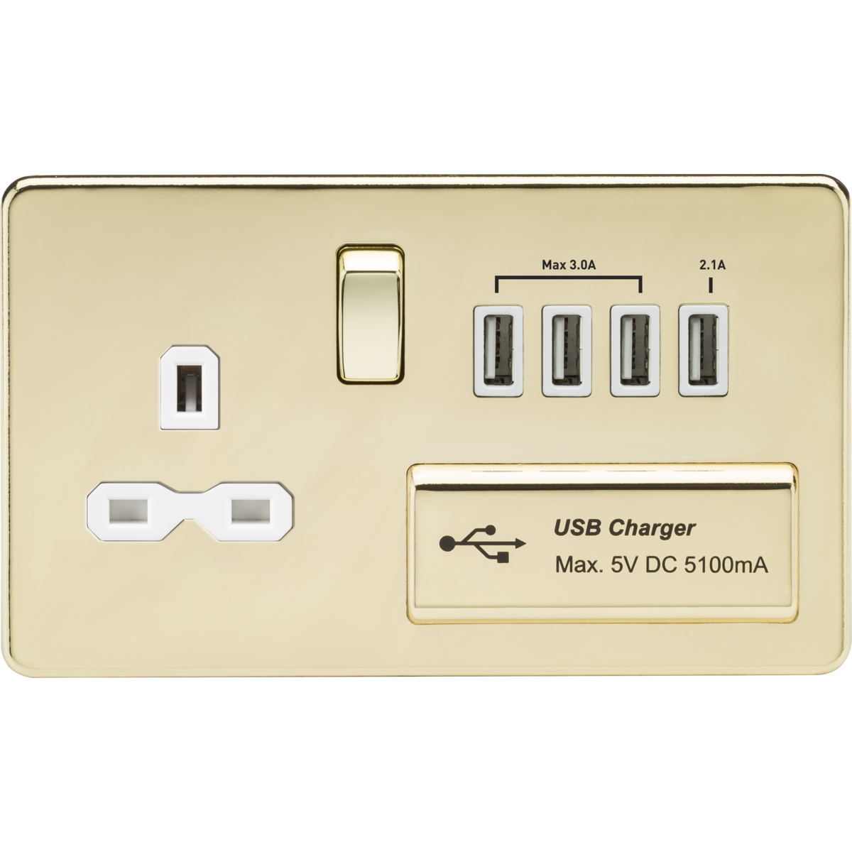 Knightsbridge SFR7USB4PBW 13A Switched Socket with Quad USB-A (5V DC 5.1A shared) Polished Brass with White Insert