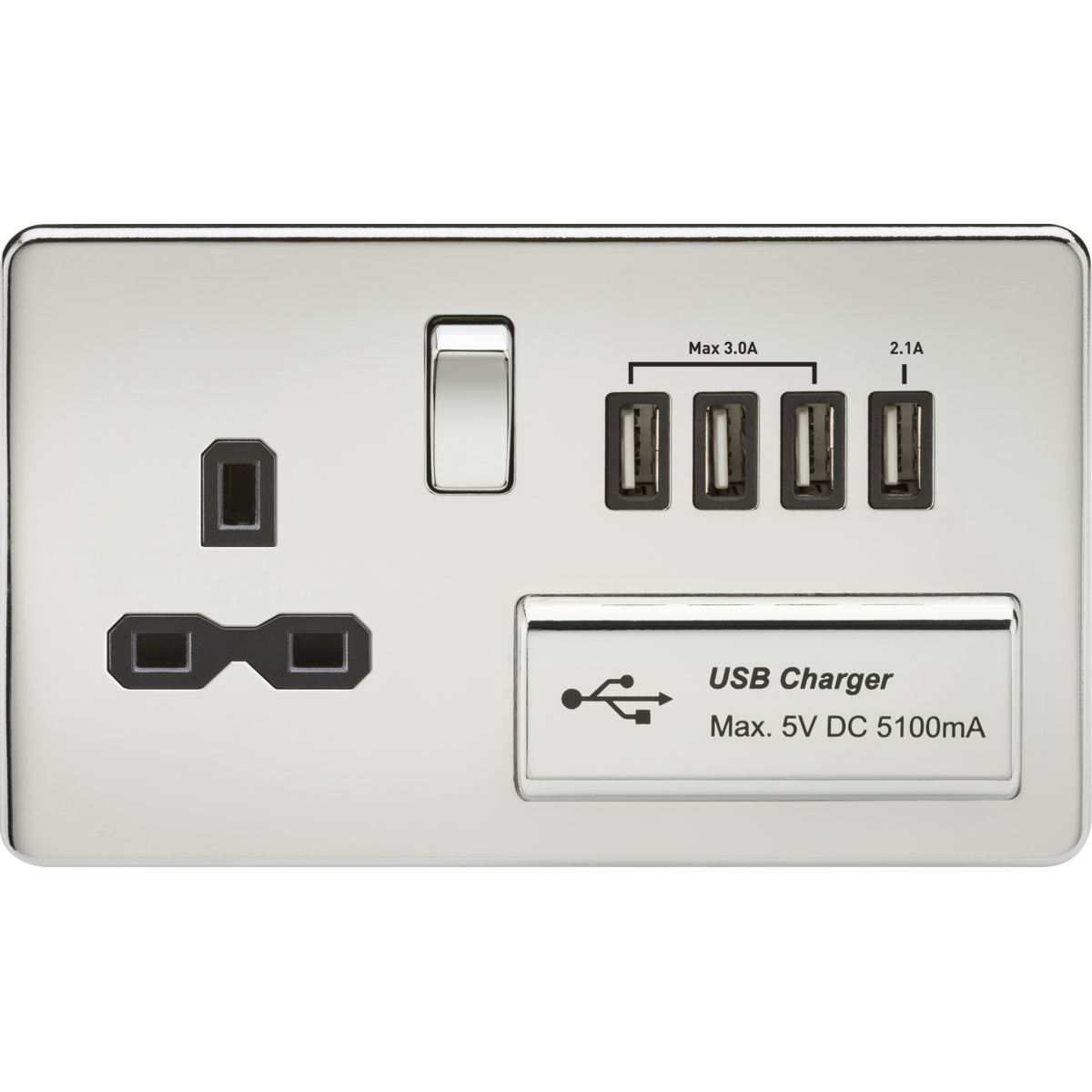 Knightsbridge SFR7USB4PC 13A Switched Socket with Quad USB-A (5V DC 5.1A shared) Polished Chrome with Black Insert