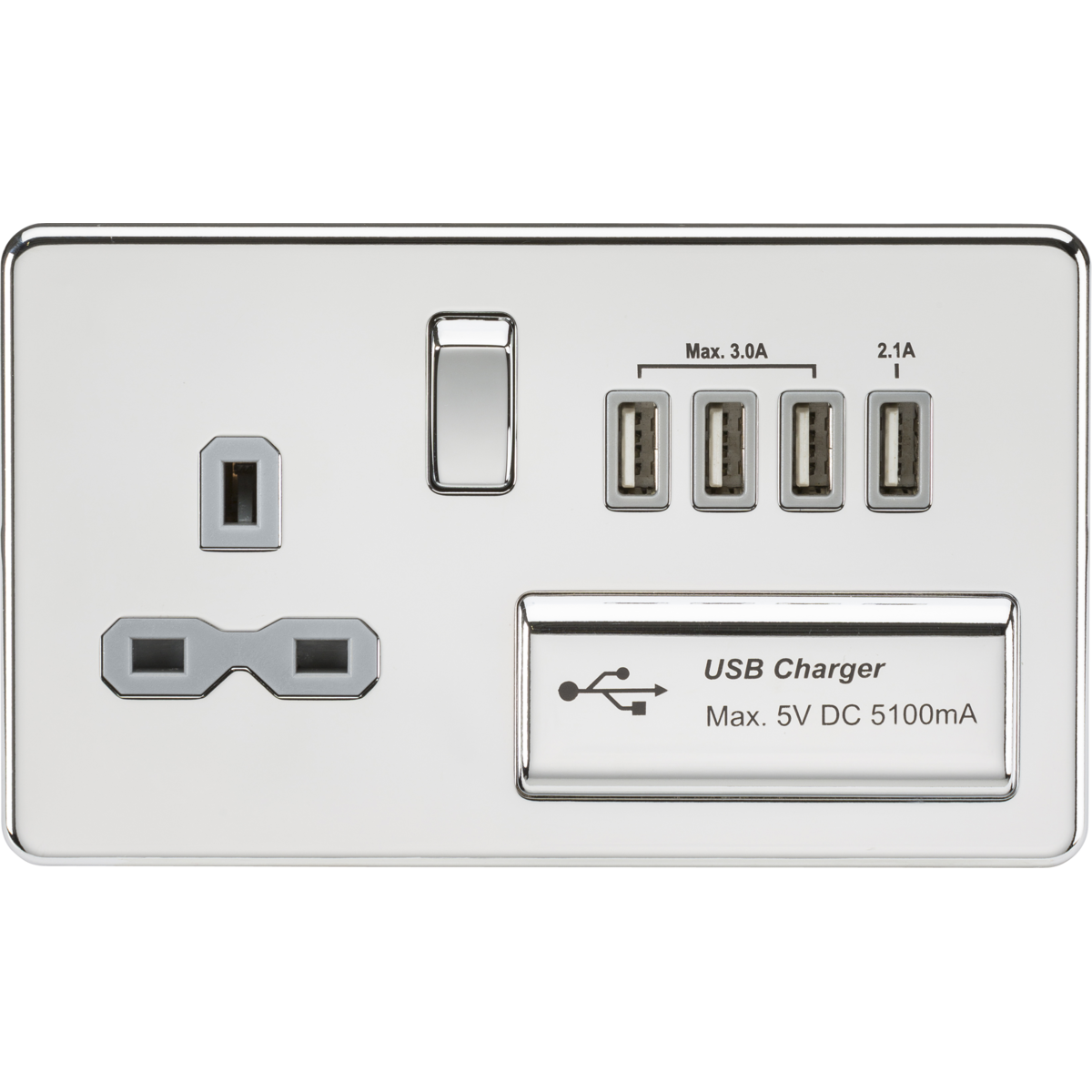 Knightsbridge SFR7USB4PCG 13A Switched Socket with Quad USB-A (5V DC 5.1A shared) Polished Chrome with Grey Insert