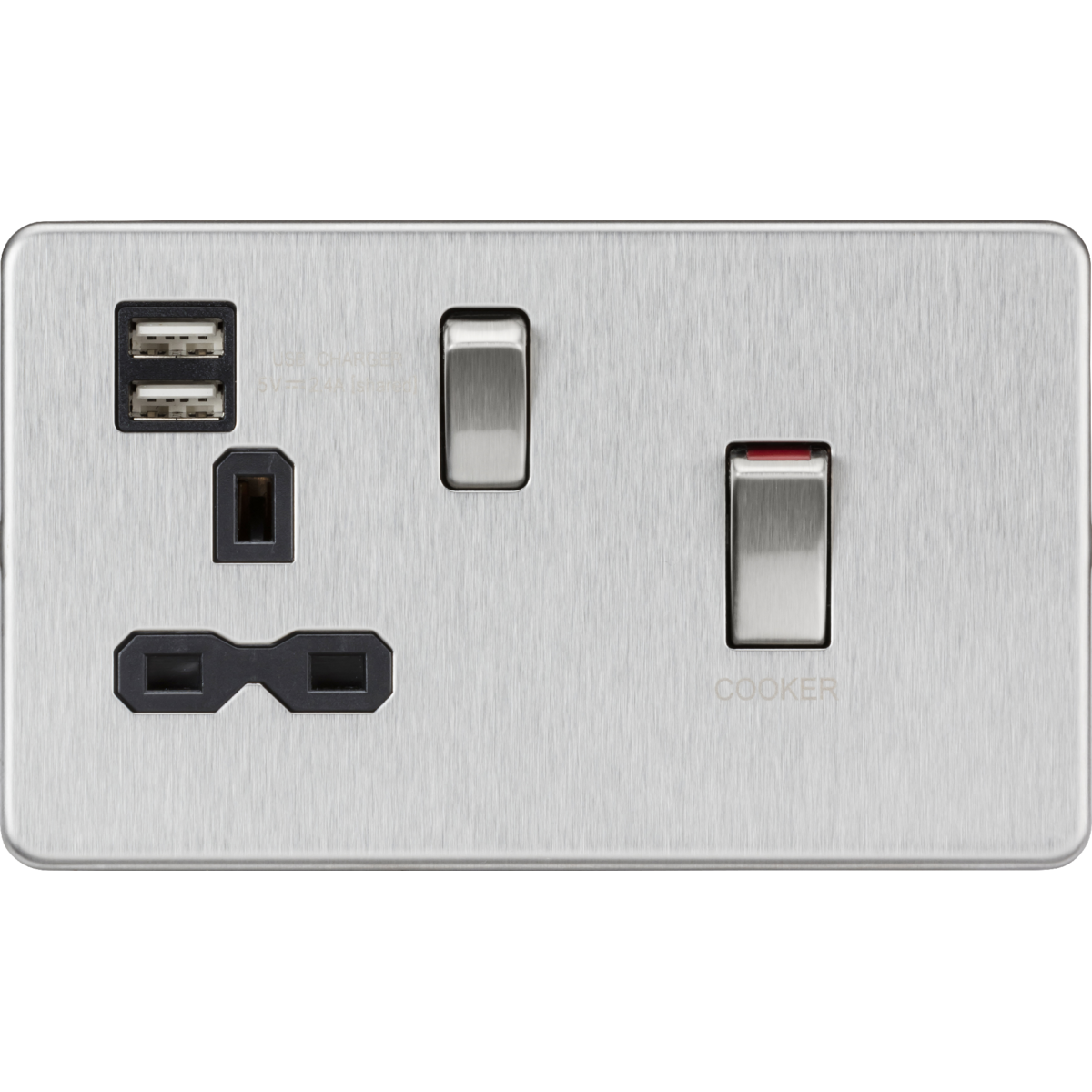 Knightsbridge SFR83UMBC 45A DP Switch & 13A Socket with Dual USB A+A (5V DC 2.4A shared) Brushed Chrome with Black Insert