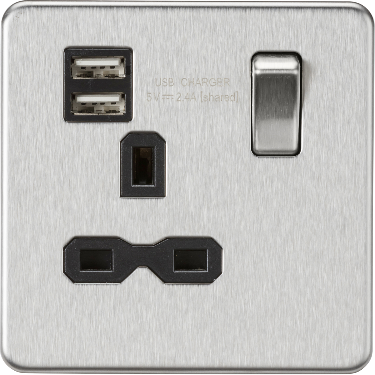 Knightsbridge SFR9124BC 13A 1G SP Switched Socket with Dual USB A+A (5V DC 2.4A shared) Brushed Chrome with Black Insert