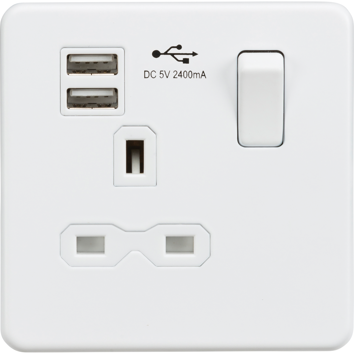 Knightsbridge SFR9124MW 13A 1G SP Switched Socket with Dual USB A+A (5V DC 2.4A shared) Matt White with White Insert