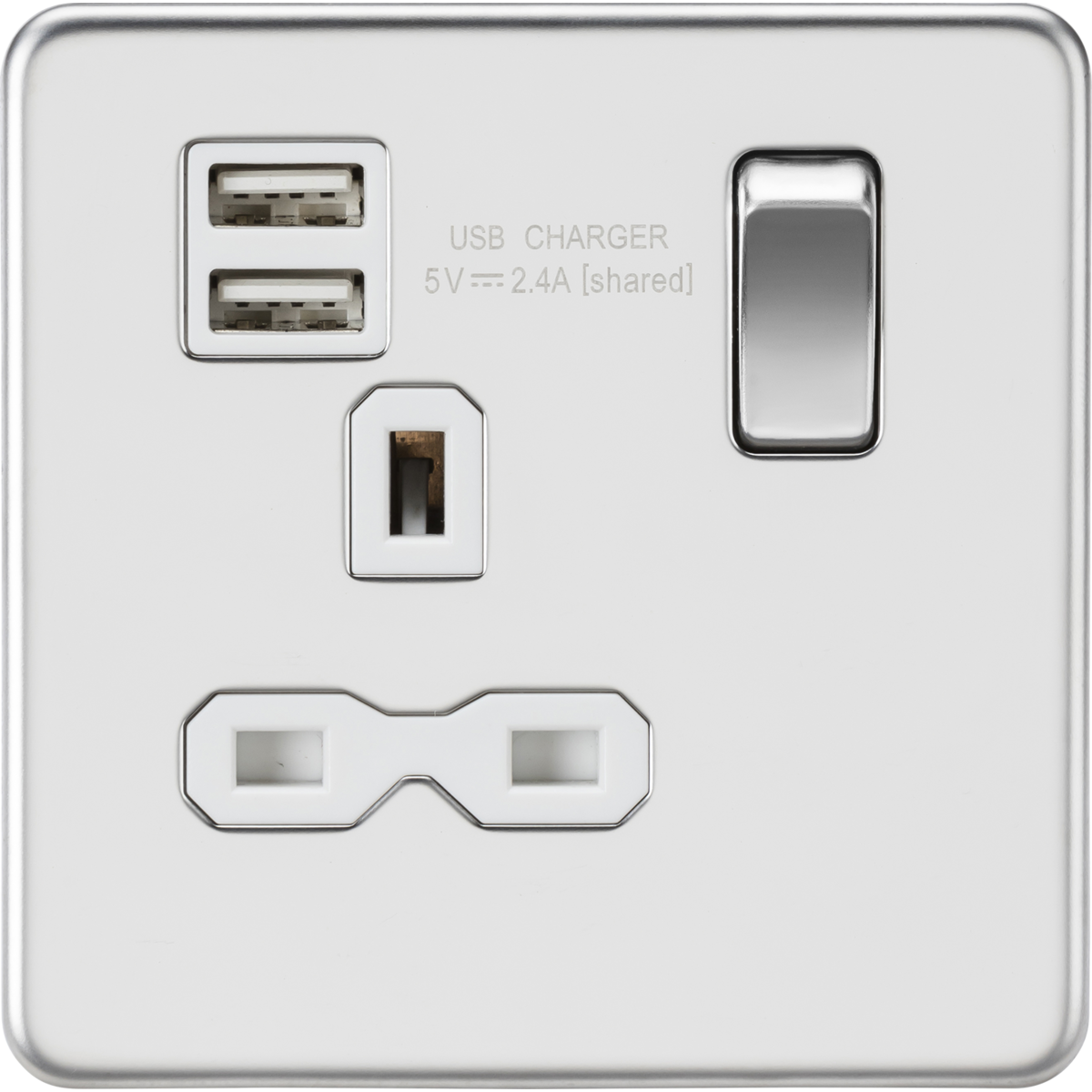 Knightsbridge SFR9124PCW 13A 1G SP Switched Socket with Dual USB A+A (5V DC 2.4A shared) Polished Chrome with White Insert