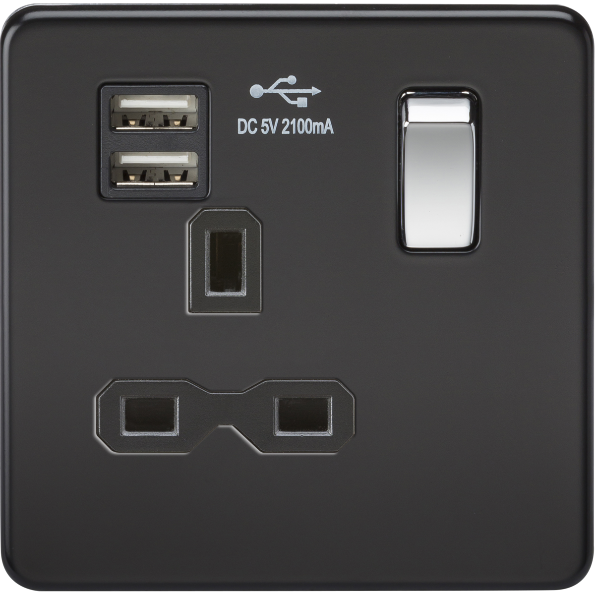Knightsbridge SFR9901MB 13A 1G SP Switched Socket with Dual USB A+A (5V DC 2.1A shared) Matt Black with Chrome Rocker