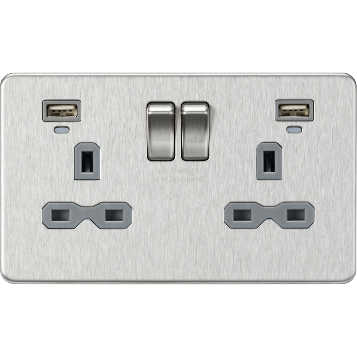 Knightsbridge SFR9904NBCG 13A 2G Switched Socket, Dual USB (2.4A) with LED Charge Indicators Brushed Chrome w/grey insert
