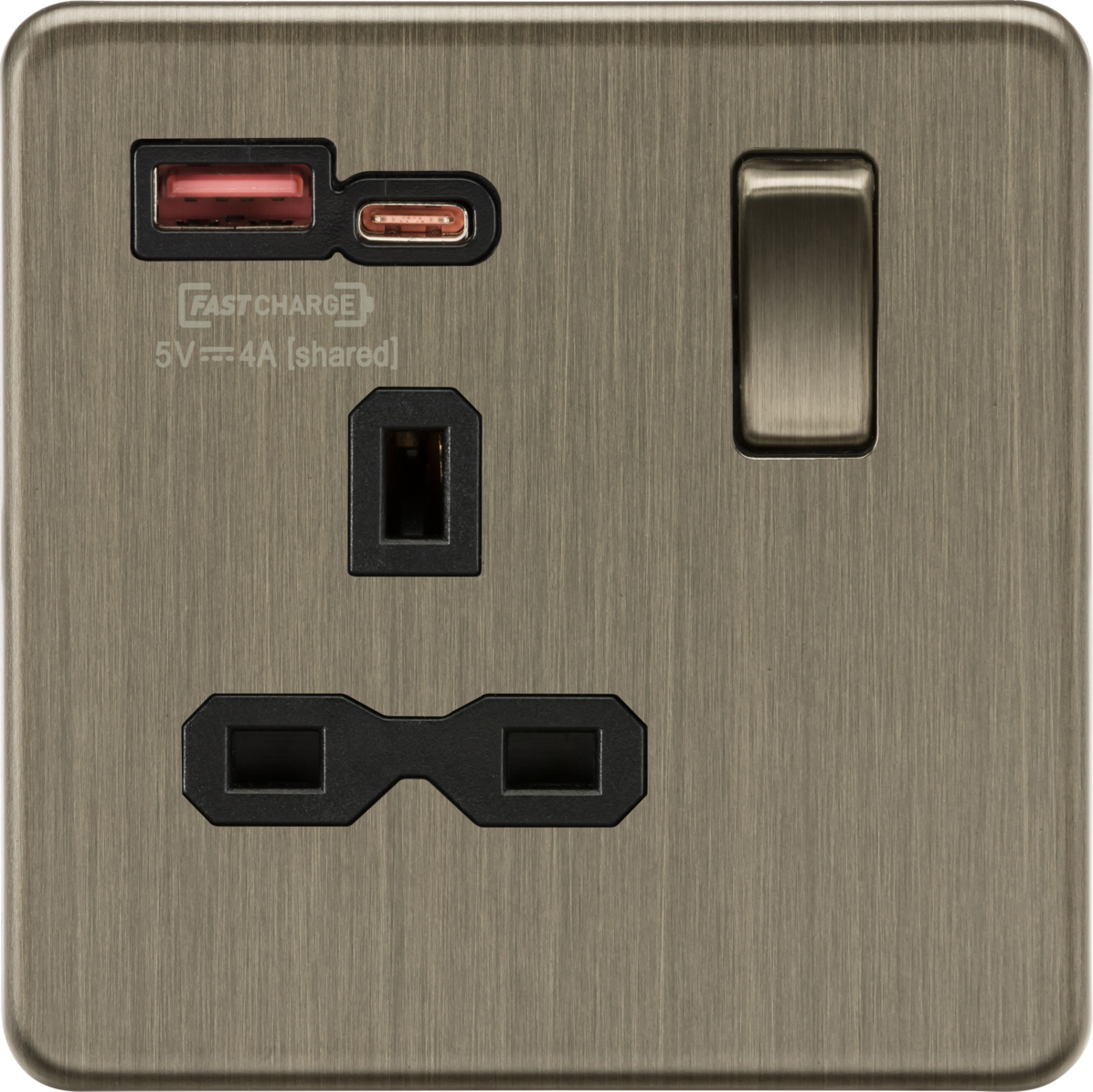 Knightsbridge SFR9919AB 13A 1G Switched Socket with dual USB A+C [18W FASTCHARGE] Antique Brass