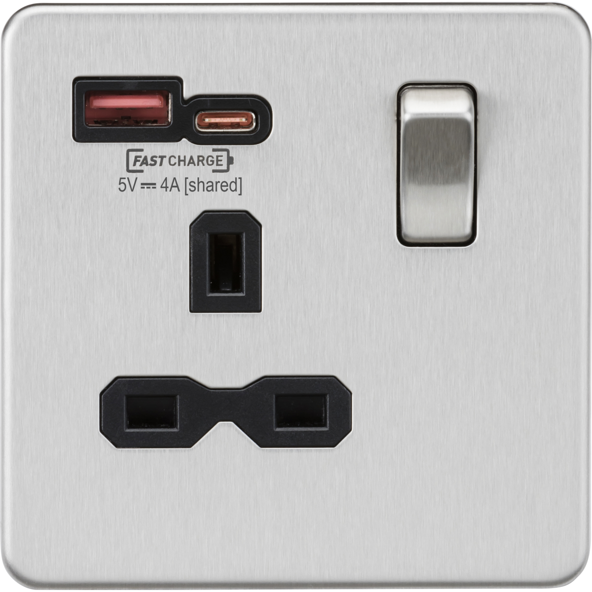 Knightsbridge SFR9919BC 13A 1G SP Switched Socket with Dual USB A+C 12V DC 1.5A [Max. 18W] Brushed Chrome w/Black Insert