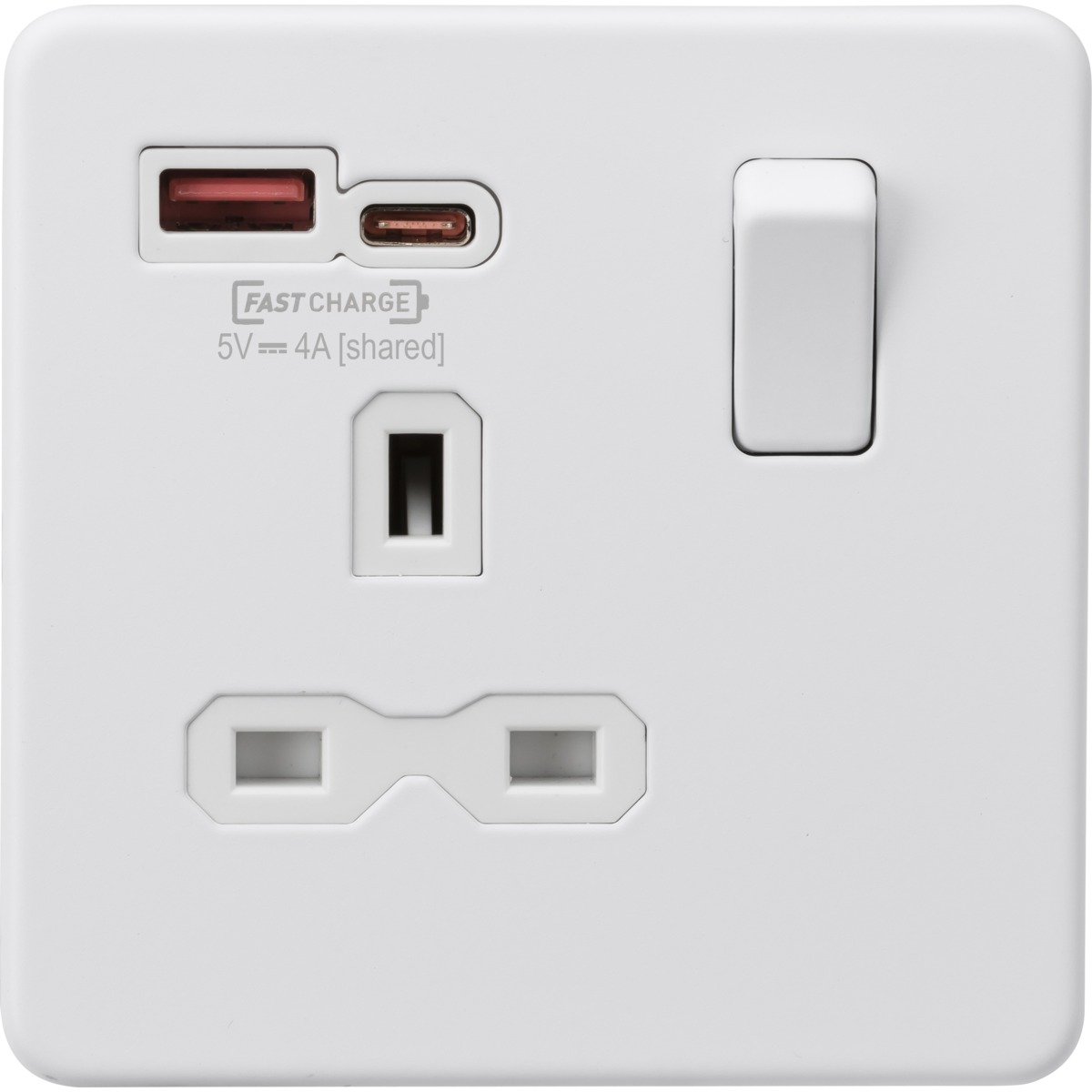 Knightsbridge SFR9919MW 13A 1G SP Switched Socket with Dual USB A+C 12V DC 1.5A [Max. 18W] Matt White with White Insert