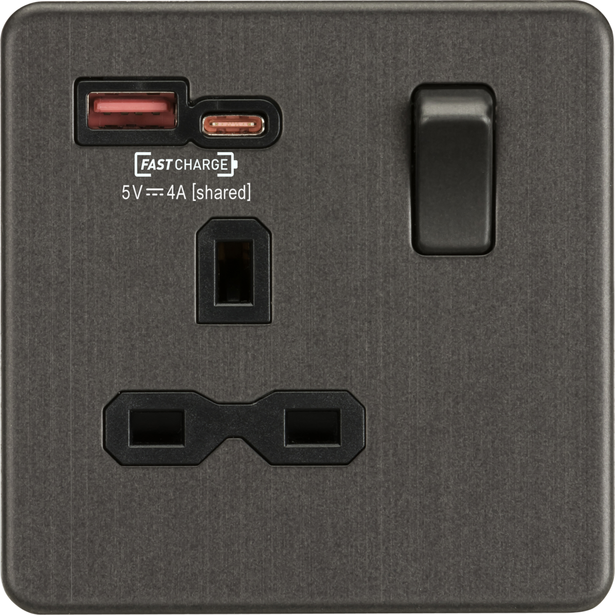 Knightsbridge SFR9919SB 13A 1G SP Switched Socket with Dual USB A+C 12V DC 1.5A [Max. 18W] Smoked Bronze with Black Insert