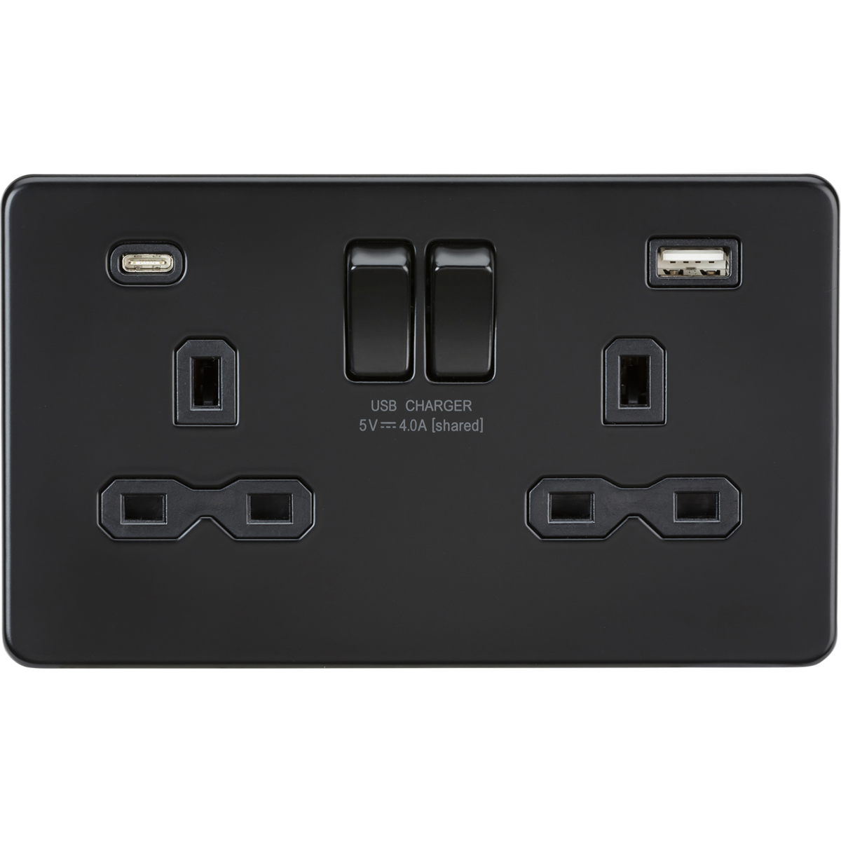Knightsbridge SFR9940MBB 13A 2G SP Switched Socket with Dual USB A+C (5V DC 4.0A shared) Matt Black with Black Insert