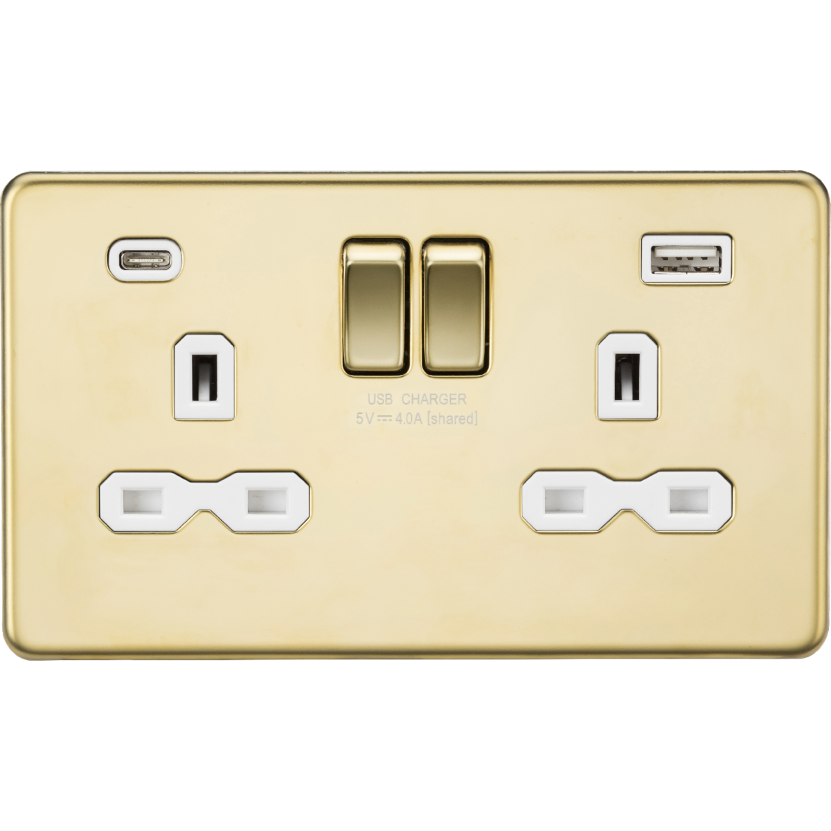 Knightsbridge SFR9940PBW 13A 2G SP Switched Socket with Dual USB A+C (5V DC 4.0A shared) Polished Brass with White Insert