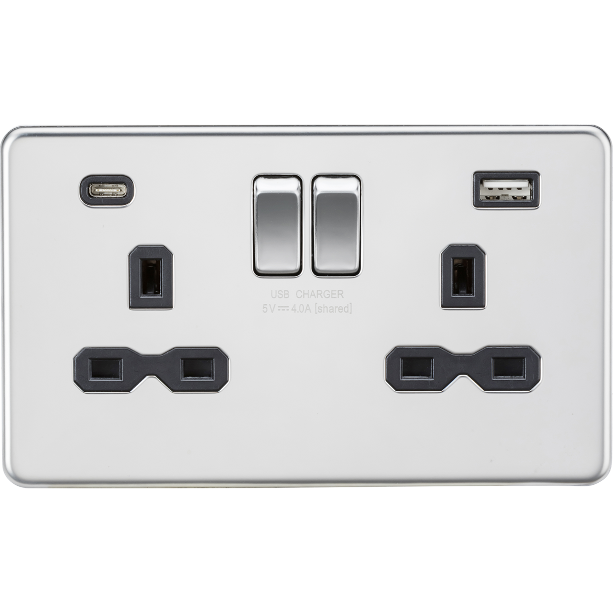 Knightsbridge SFR9940PC 13A 2G SP Switched Socket with Dual USB A+C (5V DC 4.0A shared) Polished Chrome with Black Insert