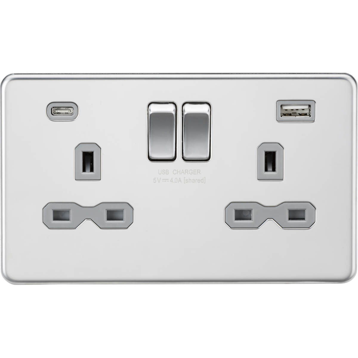 Knightsbridge SFR9940PCG 13A 2G SP Switched Socket with Dual USB A+C (5V DC 4.0A shared) Polished Chrome with Grey Insert