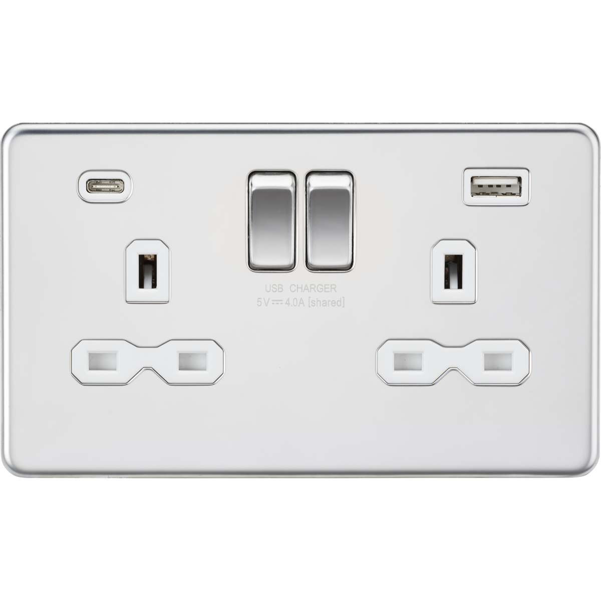 Knightsbridge SFR9940PCW 13A 2G SP Switched Socket with Dual USB A+C (5V DC 4.0A shared) Polished Chrome with White Insert