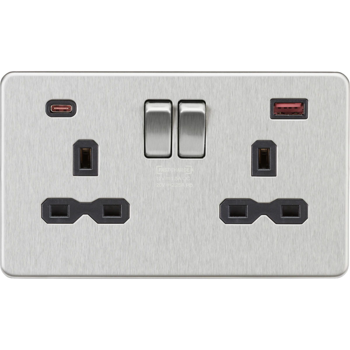 Knightsbridge SFR9945BC 13A 2G DP Switched Socket with Dual USB A+C 20V DC 2.25A (Max. 45W) Brushed Chrome w/Black Insert