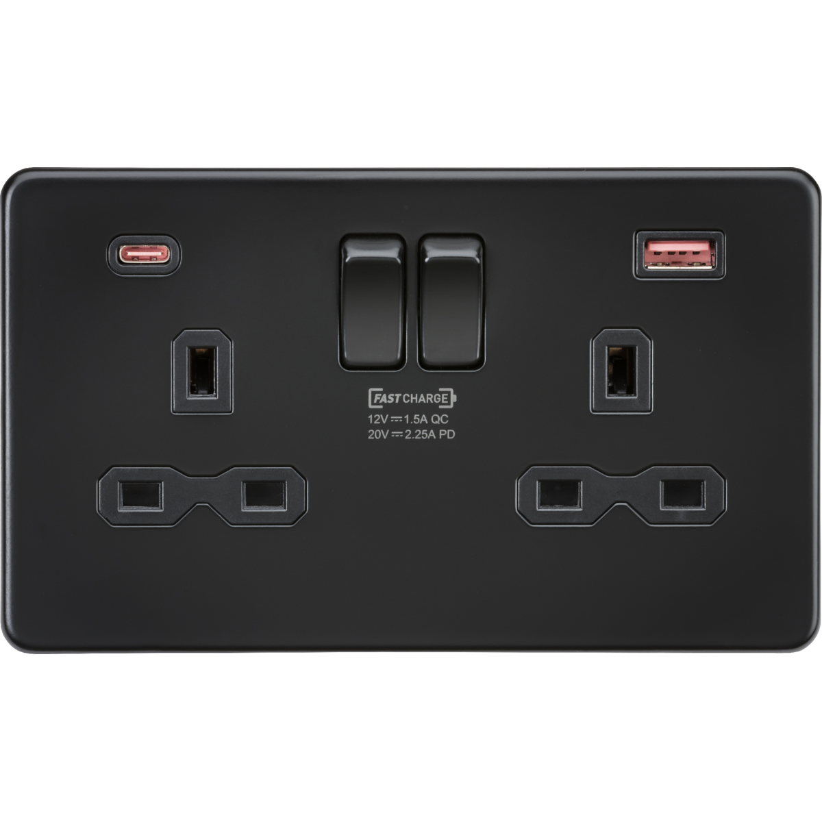 Knightsbridge SFR9945MBB 13A 2G DP Switched Socket with Dual USB A+C 20V DC 2.25A (Max. 45W) Matt Black with Black Insert