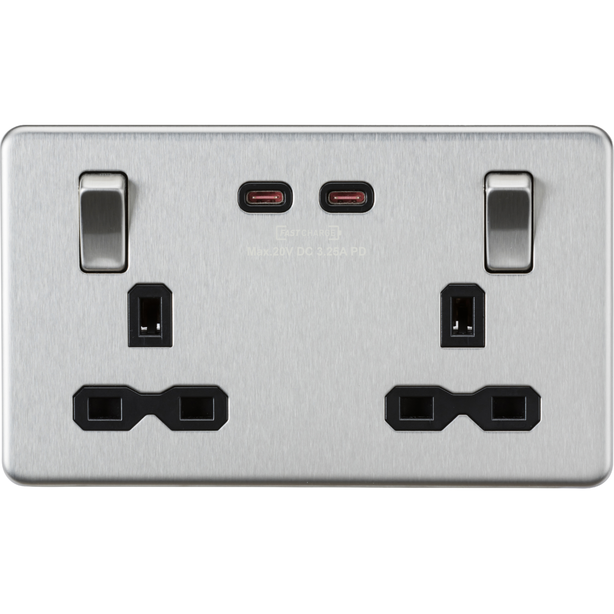 Knightsbridge SFR9965BC 13A 2G DP Switched Socket with Dual USB-C [65W DUAL FASTCHARGE] Brushed Chrome