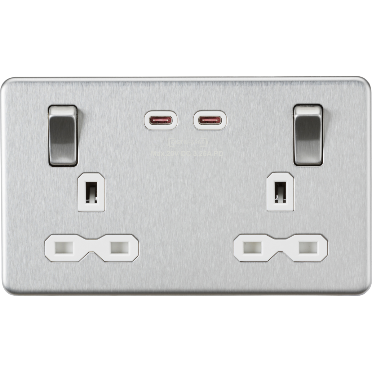 Knightsbridge SFR9965BCW 13A 2G DP Switched Socket with Dual USB-C [65W DUAL FASTCHARGE] Brushed Chrome
