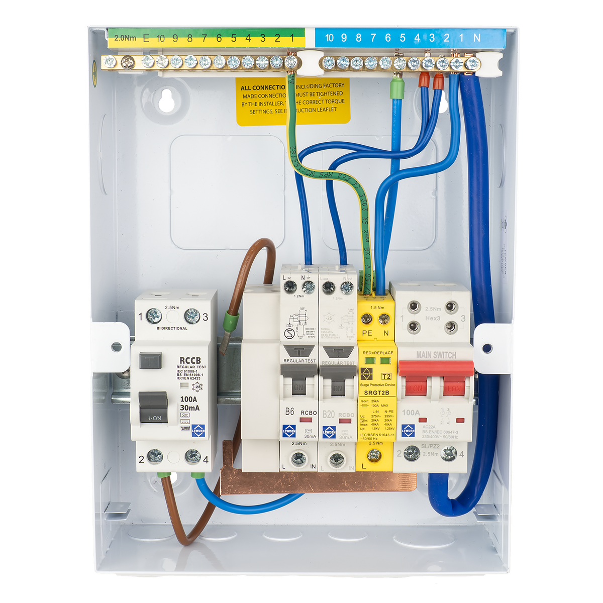 Lewden HPPI-R04W-1 4 Way Air Source Heat Pump (ASHP) Consumer Unit with 100A Type B RCD, 2x RCBOs and SPD