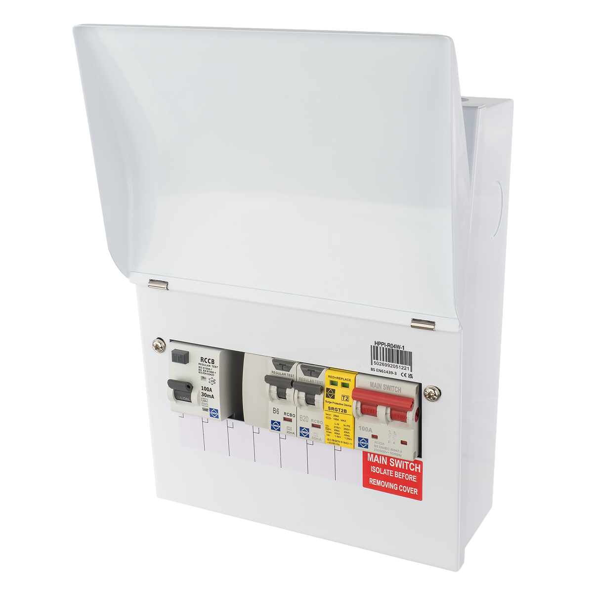 Lewden HPPI-R04W-1 4 Way Air Source Heat Pump (ASHP) Consumer Unit with 100A Type B RCD, 2x RCBOs and SPD