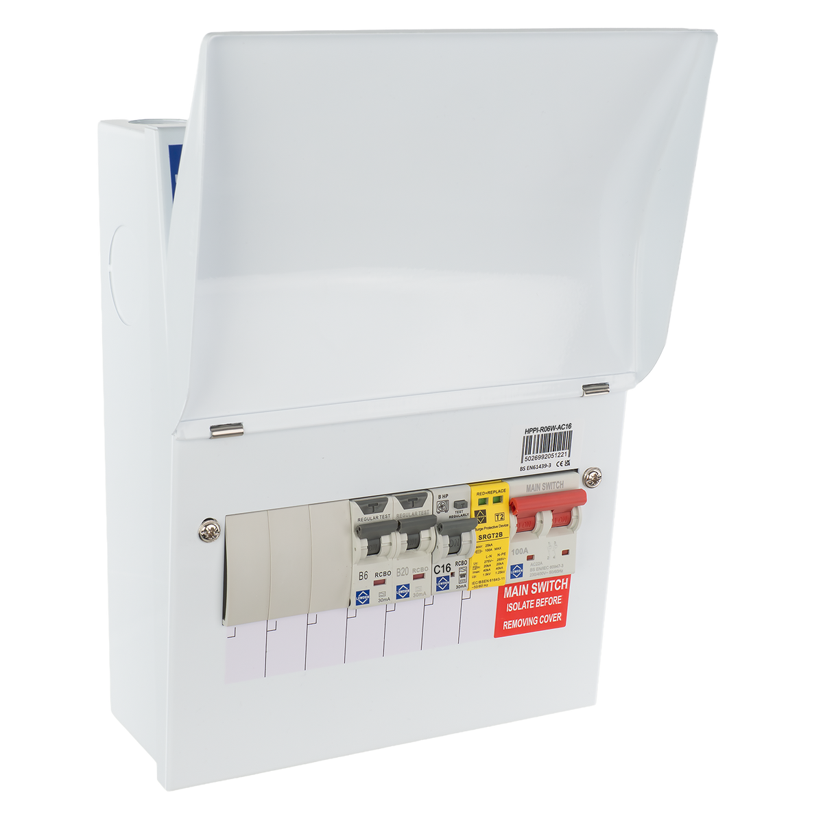 Lewden HPPI-R06W-AC16 6 Way Air Source Heat Pump (ASHP) Consumer Unit with 16A HP RCBO, 2x RCBOs and SPD