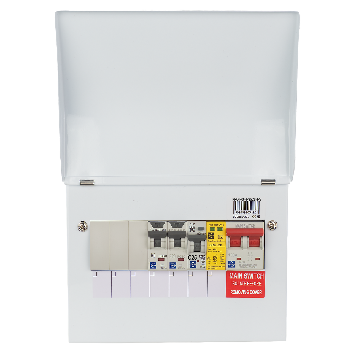 Lewden HPPI-R06W-AC25 6 Way Air Source Heat Pump (ASHP) Consumer Unit with 25A HP RCBO, 2x RCBOs and SPD