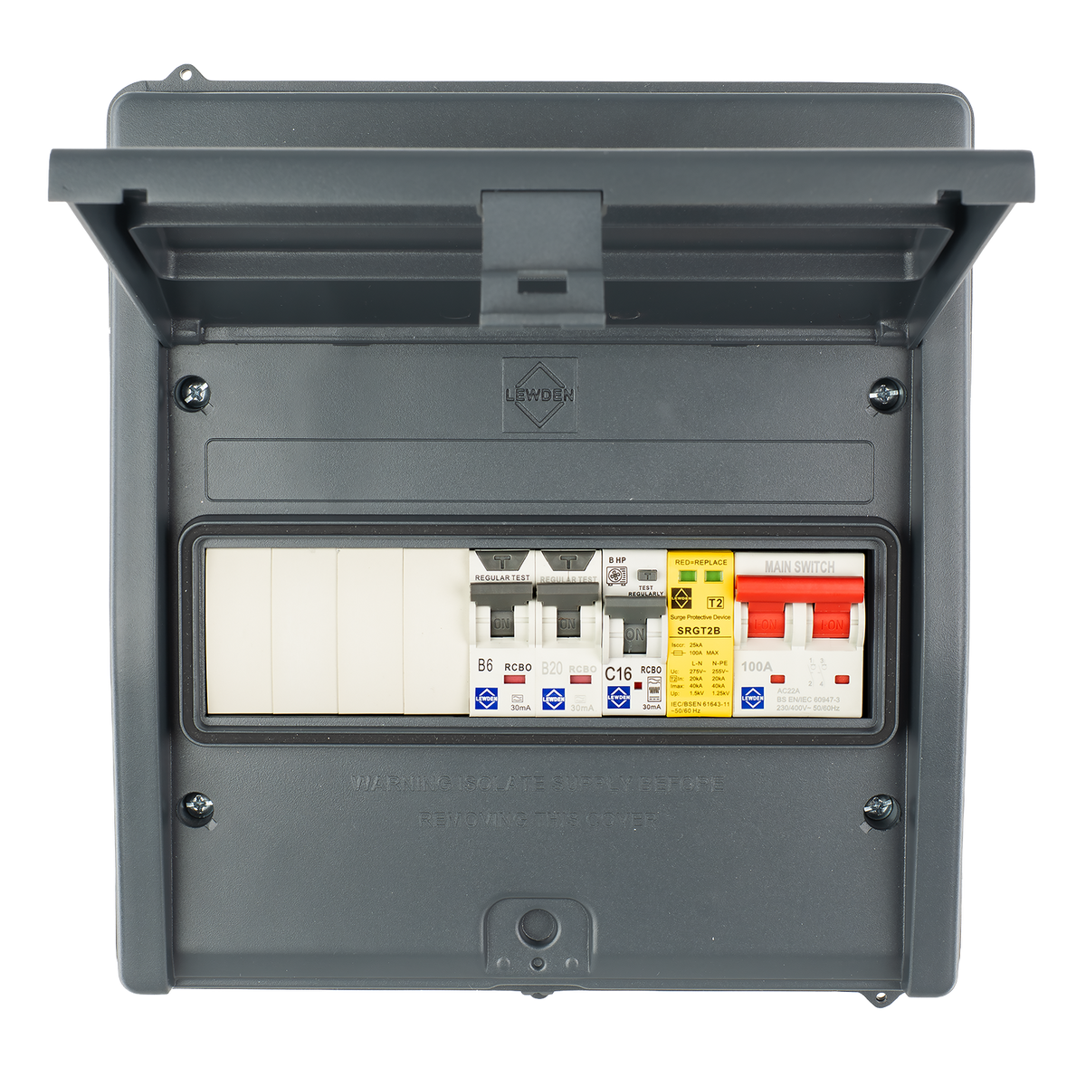 Lewden HPPO-07MG-AC16 IP65 7 Way Air Source Heat Pump (ASHP) Consumer Unit with 16A HP RCBO, 2x RCBOs and SPD