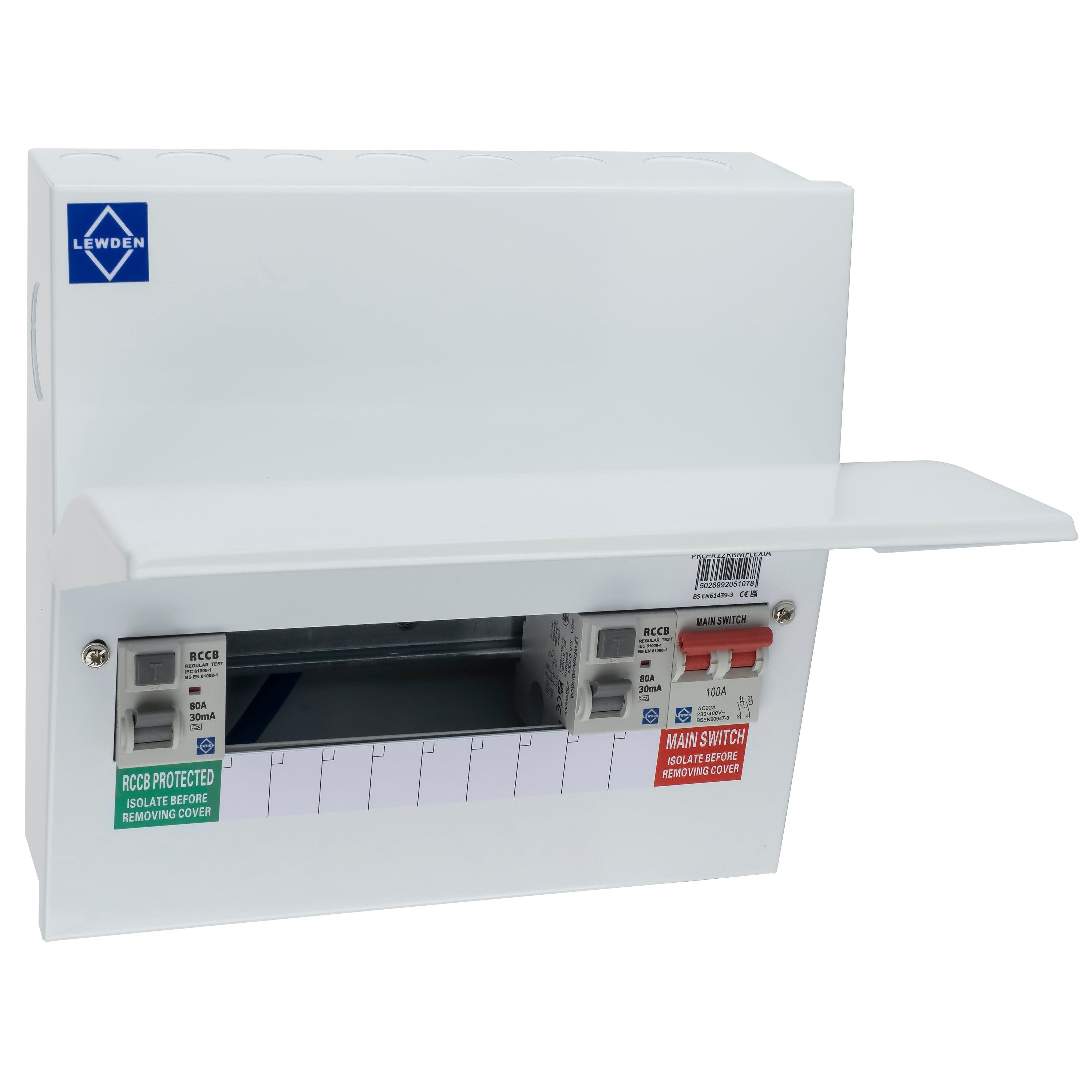 Lewden PRO-R12RRMFLEXIA 7 Way Dual 80A 30mA Type A RCD Metal Clad Consumer Unit