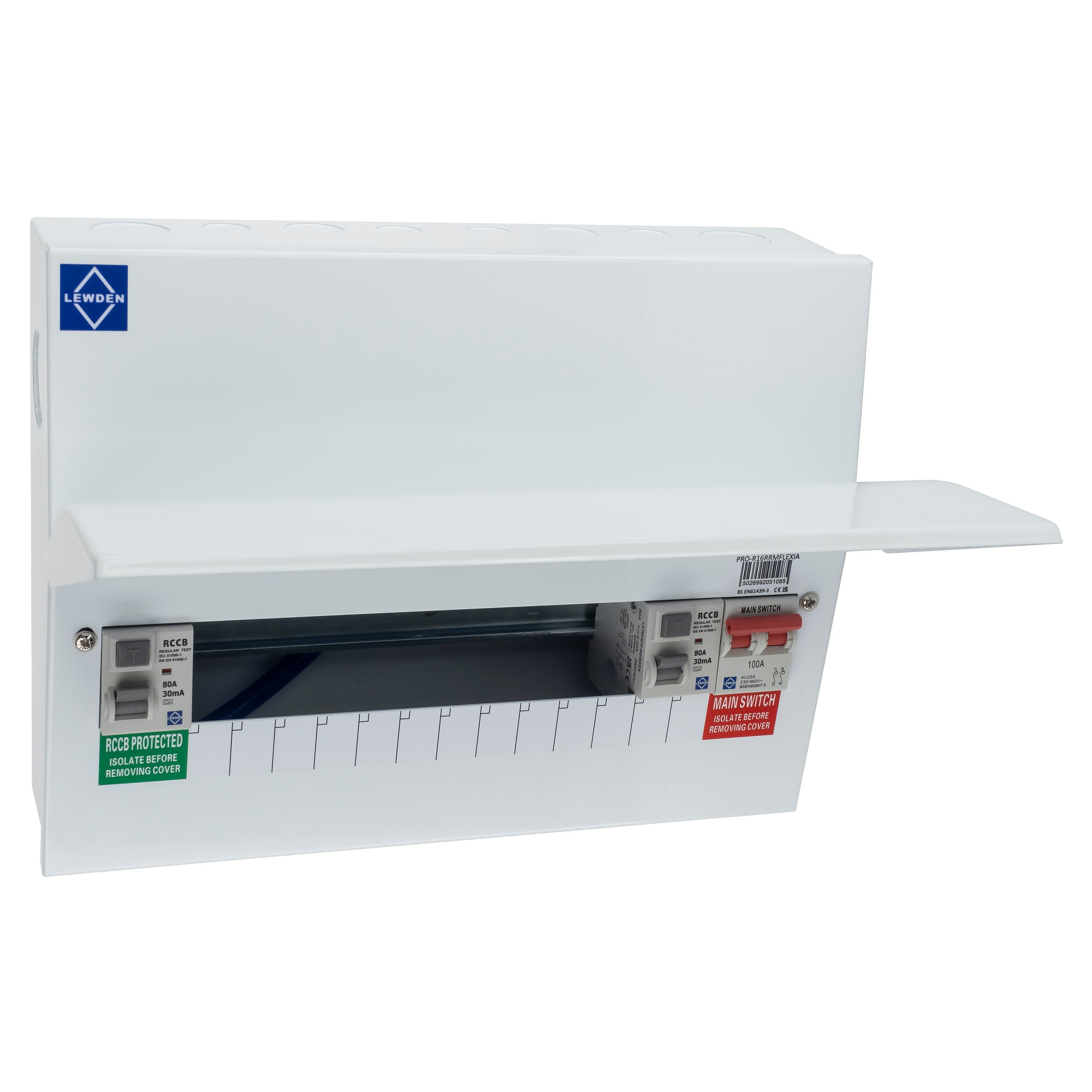 Lewden PRO-R16RRMFLEXIA 11 Way Dual 80A 30mA Type A RCD Metal Clad Consumer Unit