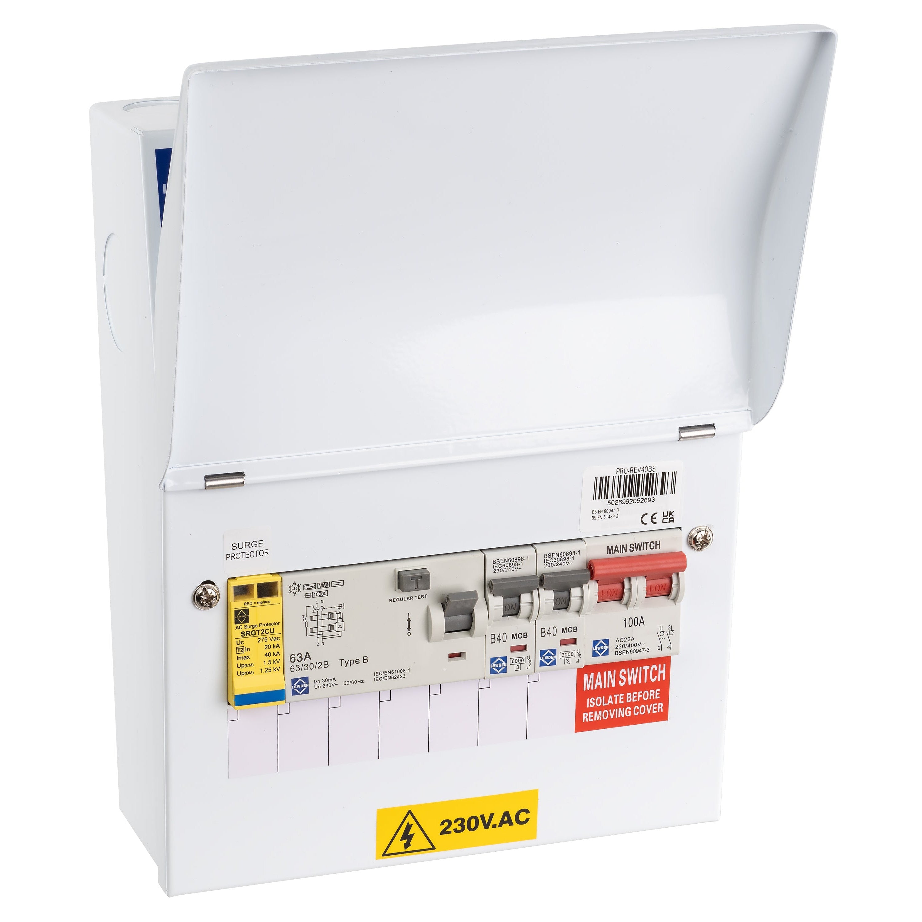 Lewden PRO-REV40BS 40A 5 Module EV Consumer Unit With Type B Rccb & Surge Protection