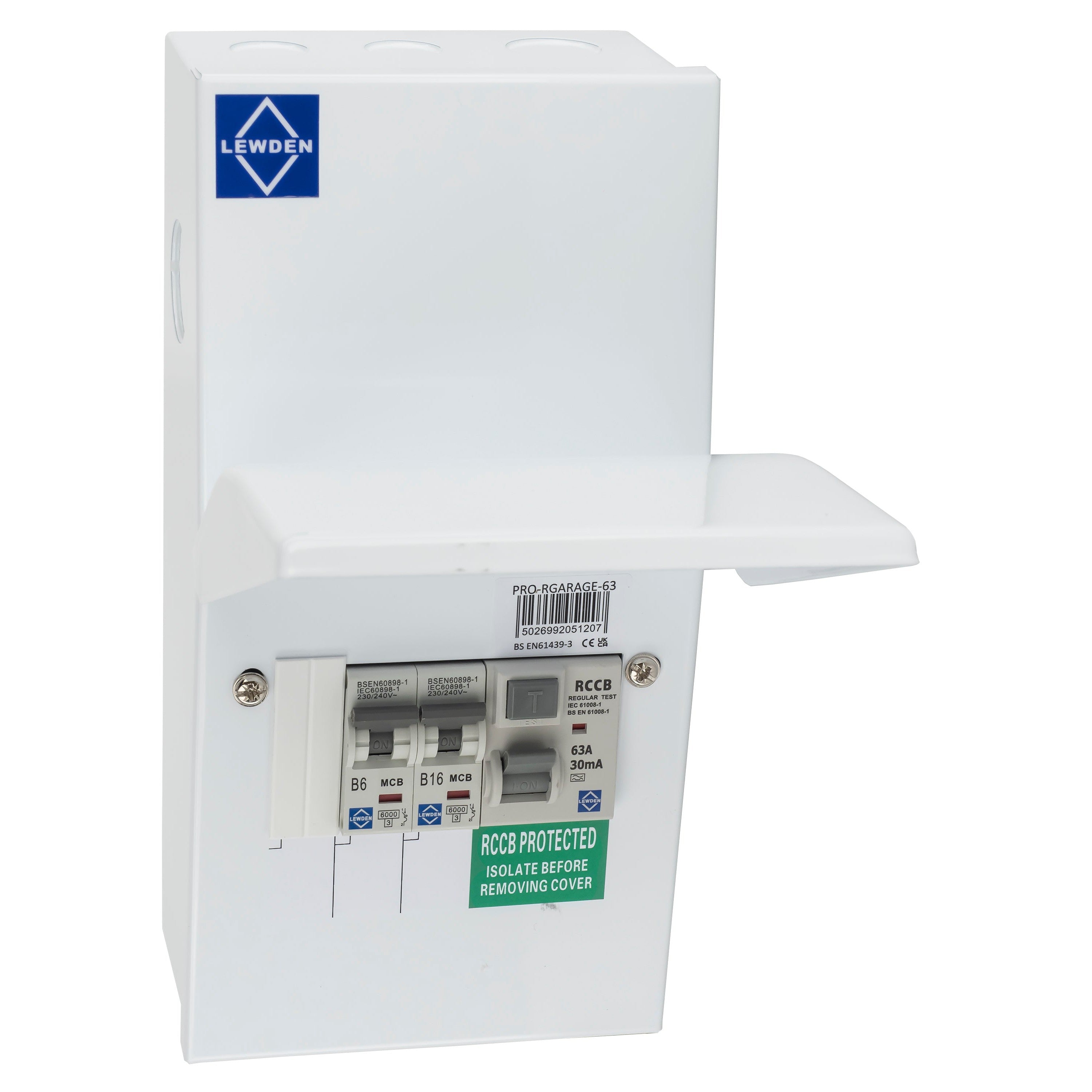 Lewden PRO-RGARAGE-63 63A 30MA RCD Metal Garage Consumer Unit