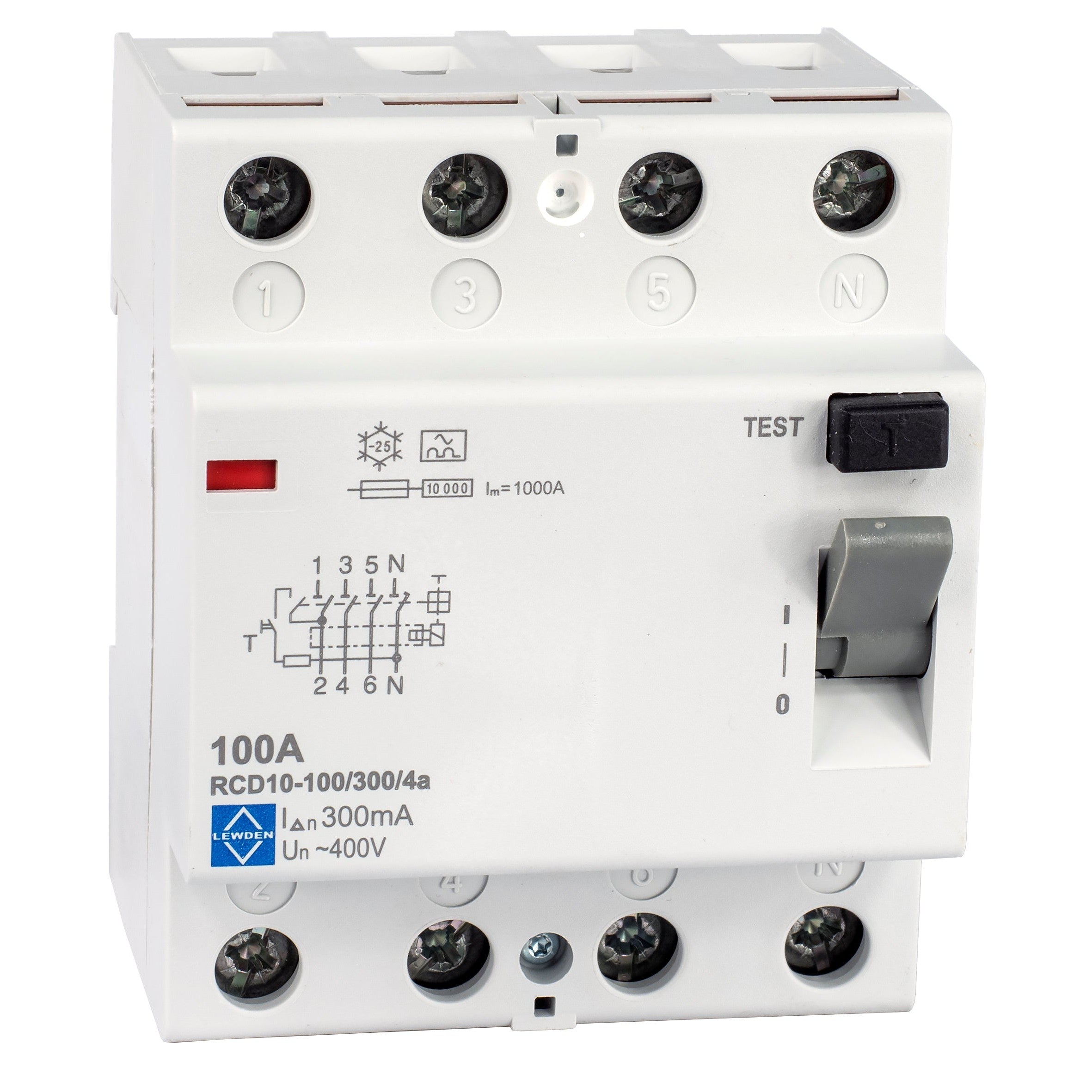 Lewden RCD10-100/300/4A 100A 4 Pole 300mA Type A RCD 10kA