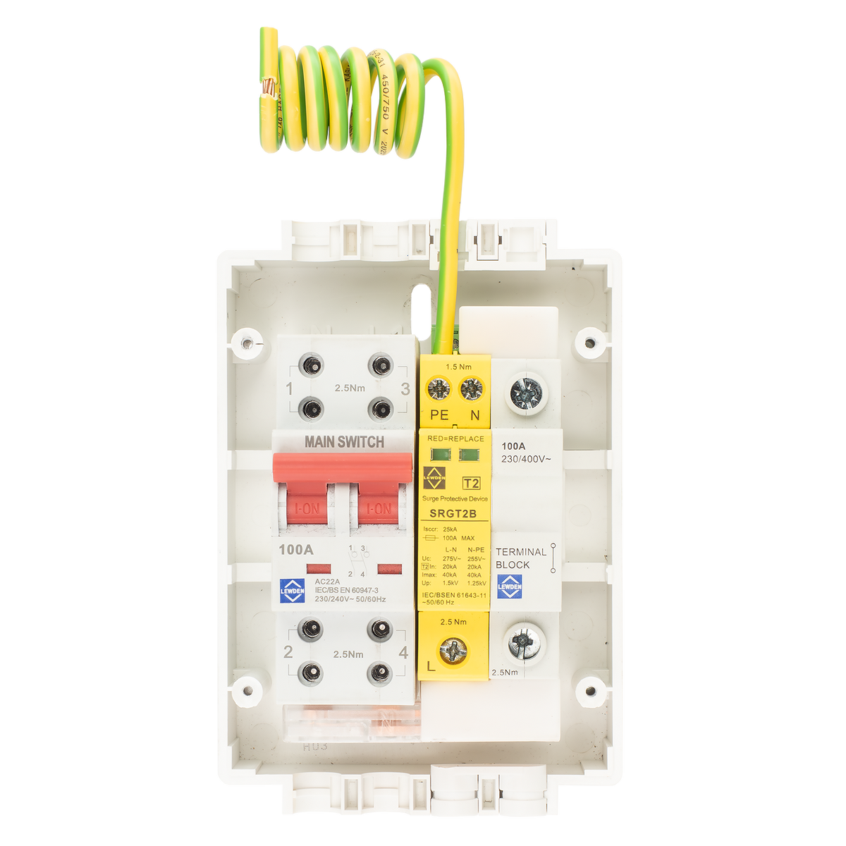 Lewden SLM4-SPD1PT2 100A DP Electricity Meter Isolator Switch with T2 SPD
