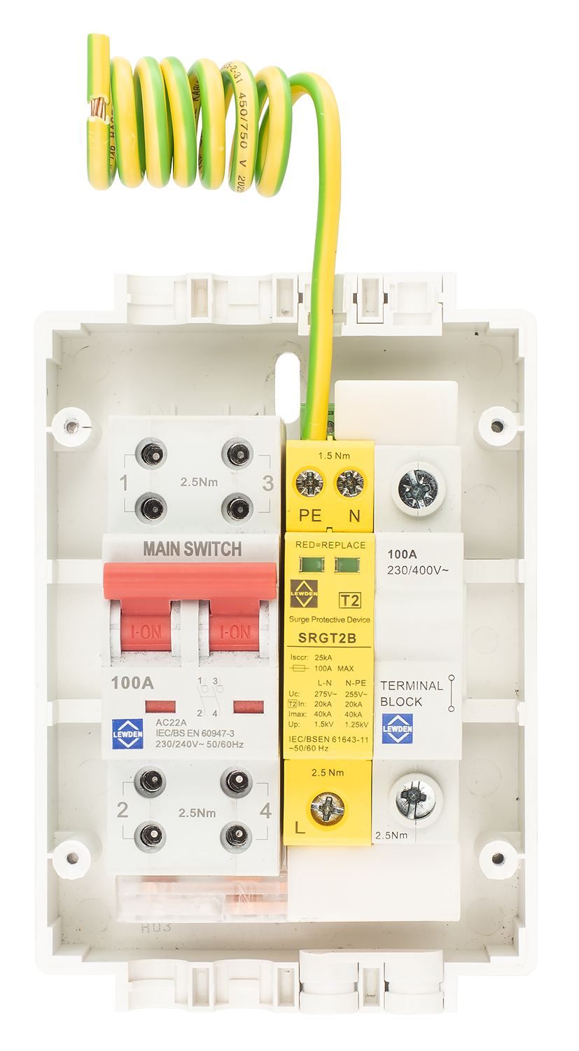 Lewden SLM4-SPD1PT2 100A DP Electricity Meter Isolator Switch with T2 SPD